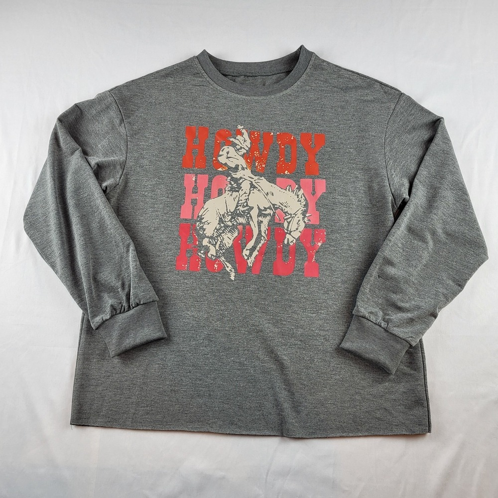 Womens 2XL Tee "Howdy" Cowboy Dark Gray long sleeve NWT light sweatshirt
